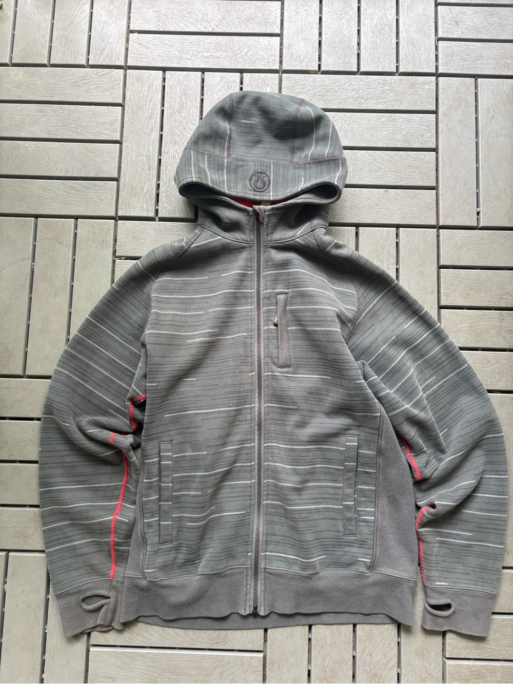 lululemon Gray Lightweight Hooded Zip Jacket with Red Trim